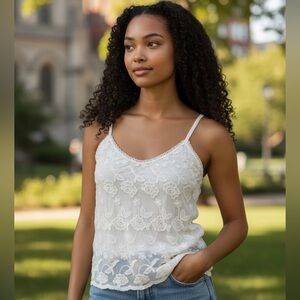 Y2K Abercrombie & Fitch White Pretty Floral Tank Top w/ Lace & Sequins